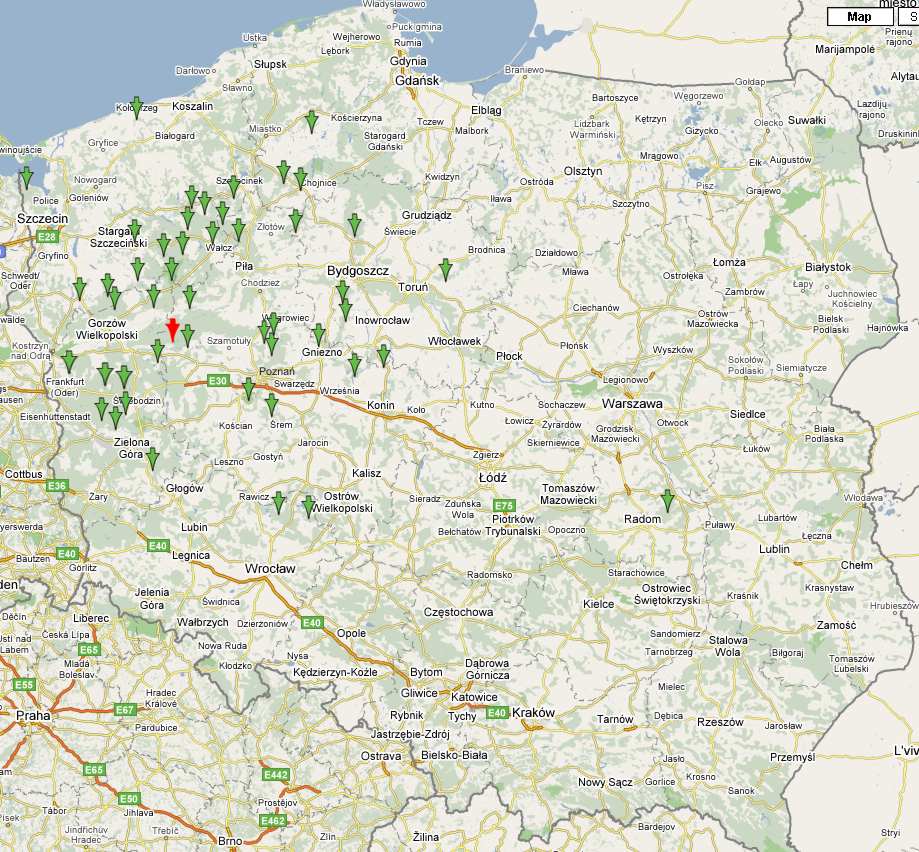 Mapa Polski z trasami rowerowymi